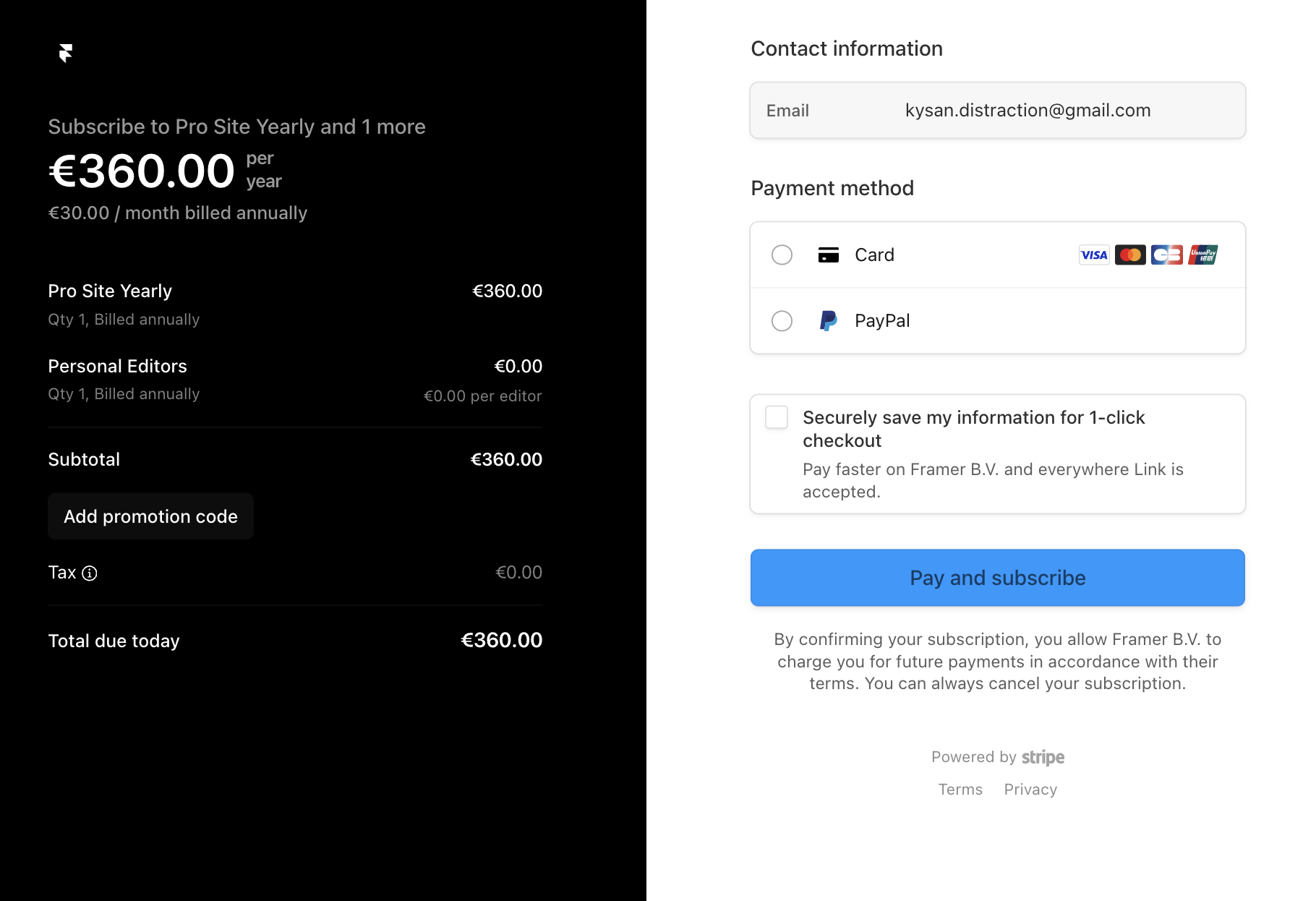 Expensive Framer subscription checkout page
